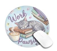 Cat Small Mouse Pad, Fanciful Playful Books Coffee Spring Pastel Blue Round Rubber Smooth Portable Travel Mousepad Decor for Home Office Work Gaming Desk Round 8x8 Inch