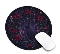 Cat Small Mouse Pad, Gothic Fanciful Roses Mushrooms Halloween Black Round Rubber Washable Aesthetic Desk Mousepads Desk Decor for Office Home Dorm Laptop Round 8x8 Inch