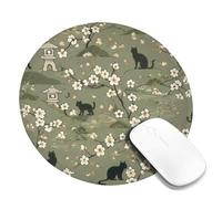 Cat Small Mouse Pad, Japanese Traditional Cherries Blossom Lantern Spring Green Round Rubber Washable Aesthetic Mousepads Decor for Home Office Work Gaming Desk Round 8x8 Inch