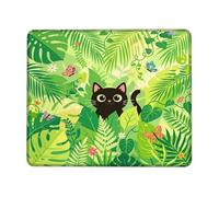 Cat Small Mouse Pad, Tropical Playful Leaves Butterfly Summer Green Square Rubber Washable Portable Cloth Mousepad Accessories for Office Home Computer Laptop Square 8x10 Inch