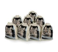 Cat Smashes Glass in Car 8 Pack Drawstring Bag, Cotton Hemp Bunches Pocket | Reusable Jewelry Pouches for Women, Durable Gift Wrap Bags for Men, Washable Wedding Storage 4.9x6.7 inches