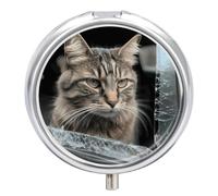 Cat Smashes Glass in Car Round Pill Box for Home, 3 Compartment Pill Case | Waterproof Pill Holder with Mirror, Dustproof Mini Medicine Box for Outdoor, Portable Fish Oil Storage Box for Travel