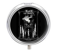 Cat Society Pill Box Cute Metal Round Pill Case with 3 Compartments and Mirror for Vitamin Fish Oils