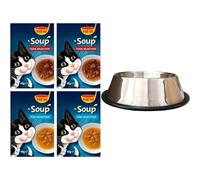 Cat Soup Food - Pack of 4 Total of 24 Pouch x 48g, Fish Selection(Cod, Tuna, Plaice) and Farm Selection(Beef, Chicken, Lamb) Bundled with Slip Proof Fade-Style Cat Bowl
