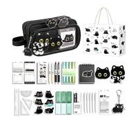 Cat Stationery Pouch Cartoon Pencil Organizer Ten Compartment Pencil Case | With Stickers, Pens, Sticky Notes, Plush Toys School Pencil Case Set 22x12x8cm, For Ruler, Marker, Travel, Teen, Girls Boys