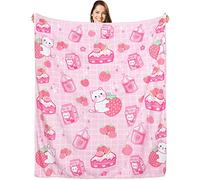Cat Strawberry Blanket, Cute Kawaii Throw, Milk Cake Flannel Cozy Soft Lightweight Pink Plush, Strawberry Stuff Decor, 50x60 Inch