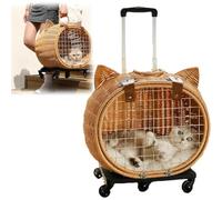 Cat Stroller Rattan Retro with Wheels and Telescopic Handle for Large Cats 25 Lbs, Cat Rolling Carriers for Traveling/Taking a Walk/Trips to The Vet