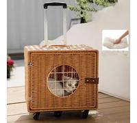 Cat Stroller Rattan Retro with Wheels and Telescopic Handle for Large Cats 25 Lbs, Cat Rolling Carriers for Traveling/Taking a Walk/Trips to The Vet (Color : B)