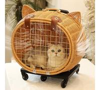 Cat Stroller Rattan Vintage with Wheels and Telescopic Handle - Height Adjustable Pet Backpack with Wheels, Multifunctional Roller Carrier for Dogs, Cats and Small Animals Squaretrolleycase