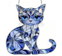 Cat Suncatcher Ornament, Three-Eyed Blue Sun Cat Catcher with Chain, Acrylic Pink Window Hanging Decoration Christmas Tree Cat Decore for Cat Lovers