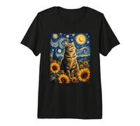 Cat Sunflower Field Van Gogh Magical Starry Night Inspired Premium T-Shirt