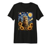 Cat Sunflower Field Van Gogh Starry Night Cozy Mistical Art Premium T-Shirt
