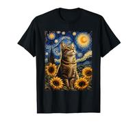 Cat Sunflower Field Van Gogh Starry Night Cozy Mistical Art Value Graphic T-Shirt