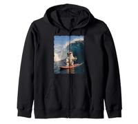 Cat Surfing Giant Wave Wine Glass Beach Funny Design Zip Hoodie