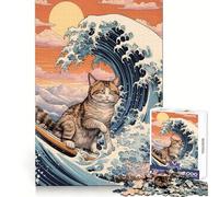 Cat Surfing Kanagawa Wave 1000 Teenager Pieces Jigsaw Puzzle Reasoning Skill Light Enjoyment Sharp Cut Great Gift size 38x52cm