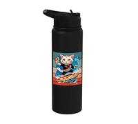 Cat Surfing Pizza Waves Adventure Fun Energy Giant Slice Stainless Steel Insulated Water Bottle