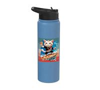 Cat Surfing Pizza Waves Adventure Fun Energy Giant Slice Stainless Steel Insulated Water Bottle