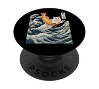 Cat Surfing Shrimp Tempura Japanese Ukiyo-e sushi Great Wave PopSockets Adhesive PopGrip
