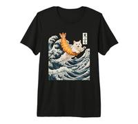 Cat Surfing Shrimp Tempura Japanese Ukiyo-e Sushi Great Wave Premium T-Shirt