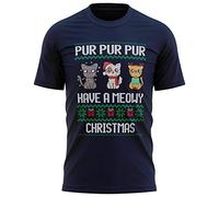 Cat T Shirt, Meowy Cat Christmas Tops, Funny T Shirts for Men, Novelty Gifts, Xmas Gifts, Jumpers Mens, 2XL, Navy