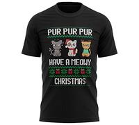 Cat T Shirt, Meowy Cat Christmas Tops, Funny T Shirts for Men, Novelty Gifts, Xmas Gifts, Jumpers Mens, XL, Black