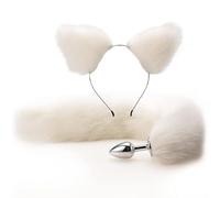 Cat Tail Anal Plug, Anal Butt Plug Training Kit Premium Anal Plugs for Women or Men Beginners Sex Toys in Stainless Steel Hygienic and Easily Cleanable Fox Ears Headband Plush Anime SM （White）