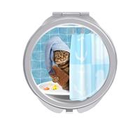 Cat Taking a Bath In Bathtub Behind Shower Curtain Folding Make Up Mirror, Compact 2X/1X Magnification Mirror, Women Portable Travel Makeup Mirror 2.4 x 2.4 inch