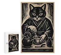 Cat Tea Ceremony Woodcut Print Puzzle for Adults, 1000 PCS, Illustrated Jigsaw Edition, Shared Puzzle Time for Family And Friends, at Home