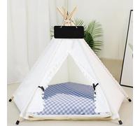 Cat Teepee Tent Bed,Outdoor Indoor Dog House Portable Washable Pet Tent for Small Dogs with Cushion Inside Pet Teepee for Small Medium Animals (Blue&White, M)