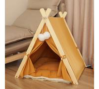 Cat Tent & Dog Tent, Wooden Triangular Cat House for Indoor Cats, Summer Pet Bed Tent with Soft Cushion, Removable Door Flap, Cozy Indoor Shelter for Cats & Dogs 60×55×63 CM - Yellow