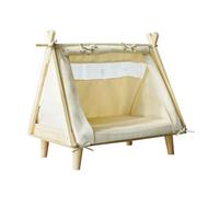 Cat Tent for Indoor Pet Bed with Cushion Elevated Wooden Frame Dog House Cat Nest, Elevated Pet Bed with Soft Cushion for Cats and Small Dogs- Beige
