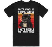 Cat That's What I Do Drink Coffee Hate People and Know Things Mens T-Shirt Black Tee M