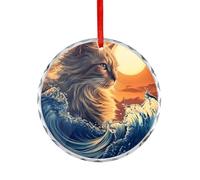 Cat The Great Wave Sunset Christmas Hanging Ornaments Crystal Glass Round Pendant Gifts for Xmas Trees Home Offices