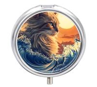 Cat The Great Wave Sunset Funny Round Pill Organizer Travel Pharmacy Box Portable Medicine Case with 3 Compartments