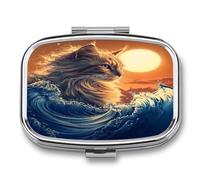 Cat The Great Wave Sunset Funny Square Pill Organizer Travel Pharmacy Box Portable Medicine Case with 2 Compartments