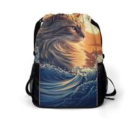 Cat The Great Wave Sunset Gym Drawstring Bag with Shoe Compartment