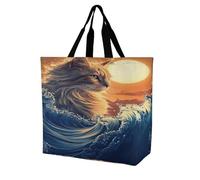 Cat The Great Wave Sunset Large Reusable Shopping Bag Lightweight Foldable Tote Bags Washable Shoulder Handbag
