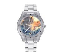 Cat The Great Wave Sunset Men's Business Watch with Stainless Strap Fashion Easy Reader Wristwatch Gifts for Men