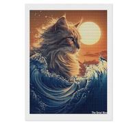 Cat The Great Wave Sunset Shining Diamond Art Painting Kits for Adults Personalized Round Full Drill Paintings DIY Crafts Kit Home Decor 12"x16"