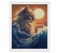 Cat The Great Wave Sunset Shining Diamond Art Painting Kits for Adults Personalized Round Full Drill Paintings DIY Crafts Kit Home Decor 16"x20"