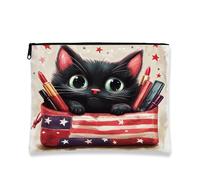 Cat Themed Cosmetic Makeup Bag, Cute Starry Big-Eyed Kitten Zipper Pouch for Women, Portable Small Canvas Organizer, Travel Friendly Gift Lipstick Holder, black, 7x9 Inch, Kitten
