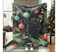Cat Throw Blanket, Christmas Fanciful Xmas Ornament Pine Branch Black Plush Blanket Lightweight Compact Aesthetic for Couch Sofa Bed Recliner Dorm Lap Chair 40x50 Inch
