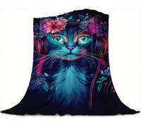 Cat Throw Blanket Earphone Pattern Design, Throws for Sofas Large 120x80cm, Flannel Blankets for Armchairs, Settee and Single Bed, Blankets or All Season, Warm and Fluffy, Gifts for Women,Model193