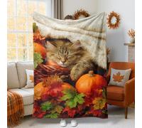 Cat Throw Blanket, Fall Cozy Pumpkin Leaves Fall Orange Fuzzy Blanket Compact Decorative Aesthetic for Couch Sofa Bed Office Desk Living Room 50x60 Inch