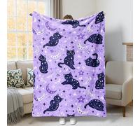 Cat Throw Blanket, Fanciful Playful Moon Star Halloween Violet Flannel Blanket Soft Lightweight Decorative for Couch Sofa Bed Car Chair Office Desk 40x60 Inch
