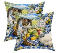 Cat Throw Pillow Covers Set of 2, Country Rustic Basket Flowers Spring Blue with Hidden Zipper Cushion Covers Pillow for Living Room Apartment Bed Sofa Decor 14x14 Inch