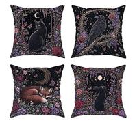 Cat Throw Pillow Covers Set of 4, Gothic Fanciful Raven Fox Halloween Black with Hidden Zipper Square Pillow Cases for Living Room Bedroom Loft Office Car Decor 18x18 Inch