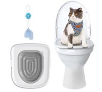 Cat Toilet Training System - Reusable Plastic Trainer Kit With Replaceable Feather Toy, Teach Pet to Use Toilet (White Tray, 1 Gray Inner Support)