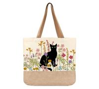 Cat Tote Bag, Cute Black Cat Gifts, Gifts for Cats Lovers Women Friends Girlfriend Coworker Wife Sister Mom Beach Travel Shopping, Reusable Tote Bags With Flower Birthday Christmas Thanksgiving Gift