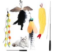Cat Toys for Indoor Cats Adult 4PCS Interactive Kitten Feather Wand Toys Cat Teaser Toys Telescopic Wand Tempura Shrimp Plush Ball Bell Ribbon Black Cicada Flying Insects (Style 1)